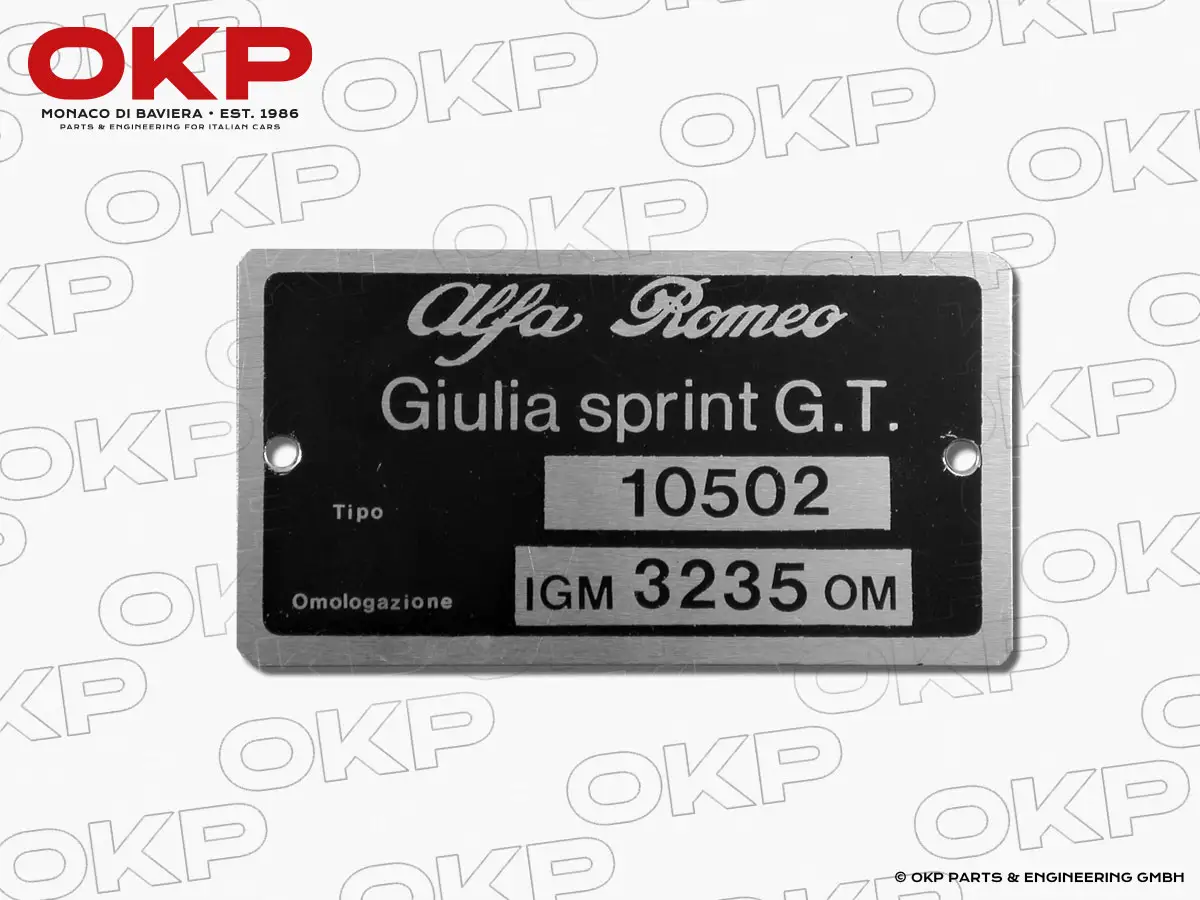 Typenschild Alfa Romeo 105.02 Giulia Sprint GT 1600