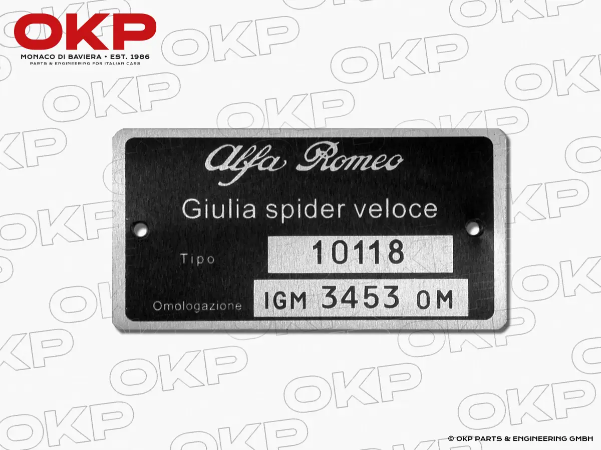 Typenschild Alfa Romeo 101.18 Giulia Spider Veloce 1600