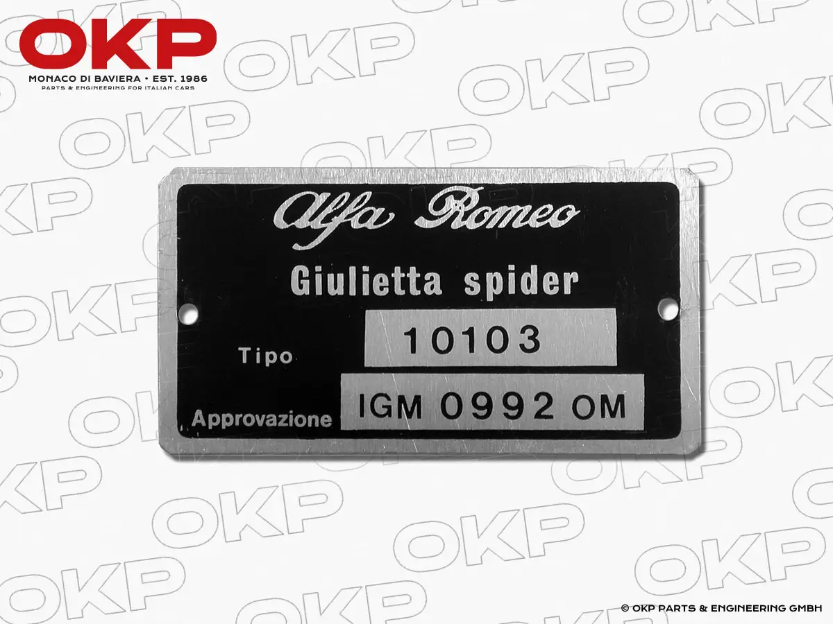 Typenschild Alfa Romeo 101.03 Giulietta Spider