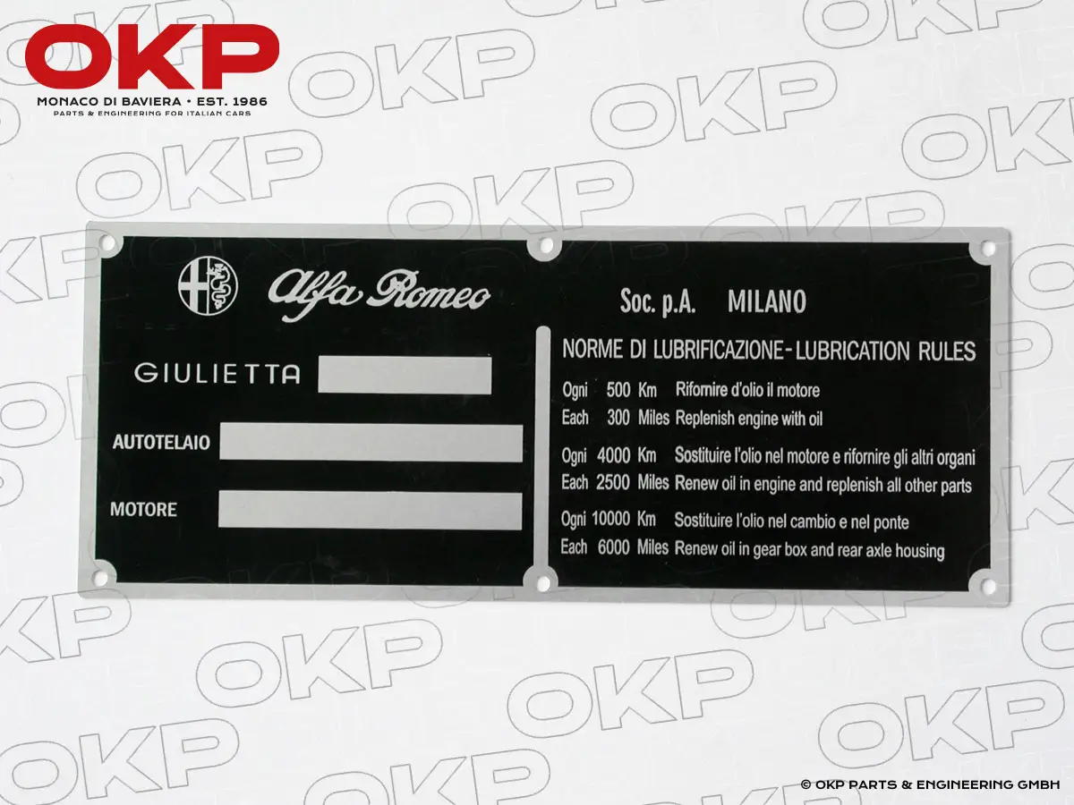 Blechschild Typenschild / Wartungsvorschrift Giulietta